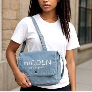 HIDDEN LOS ANGELES Denim Maxi Tote Bag Messenger Bag Blue Minimalist 11x15